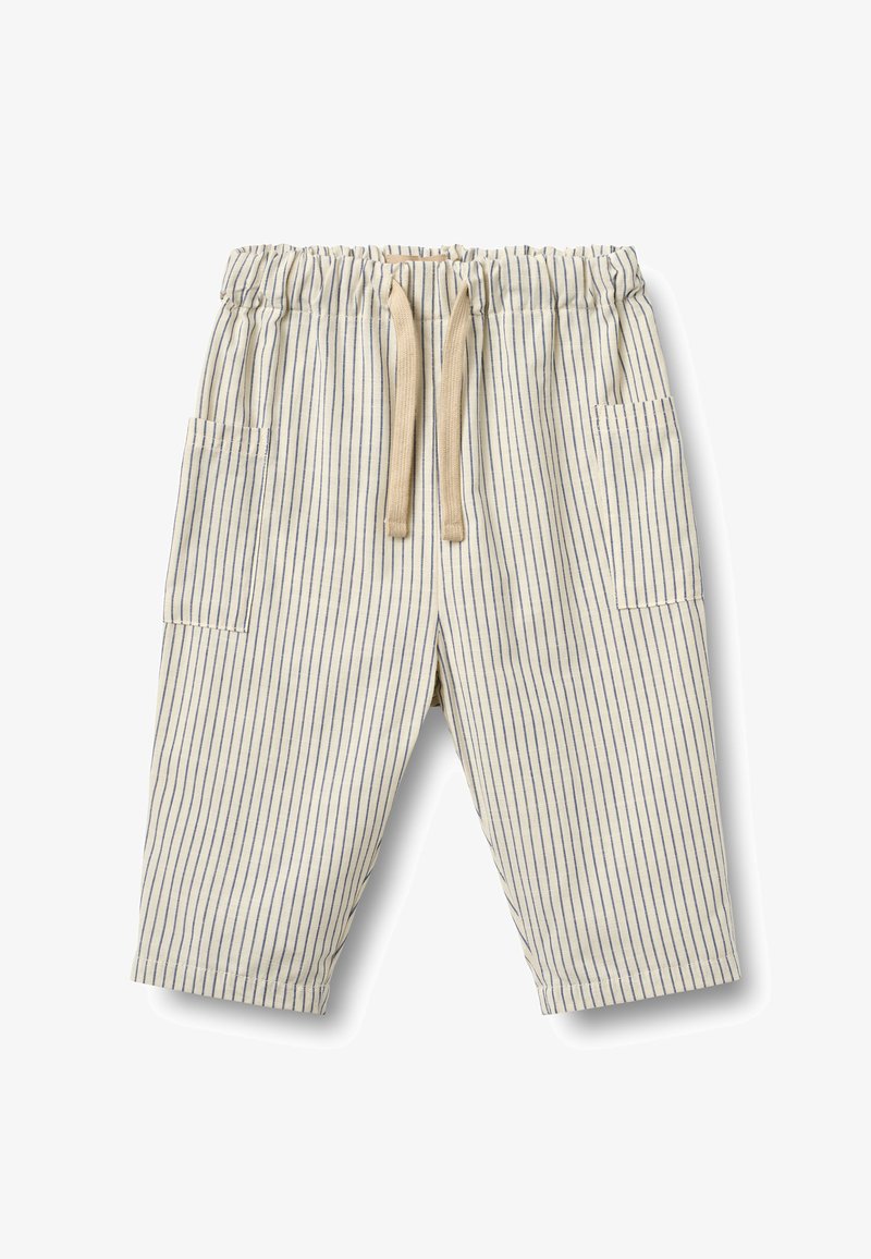 Otroške hlače kremne barve s tankimi navpičnimi mornarsko modrimi črtami, elastičnim pasom, bež vrvico za zavezovanje in stranskimi žepki z aplikacijo.