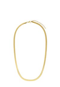 Gouden ketting met een glad, plat ontwerp; heeft een veilige sluiting en een verstelbare lengte met een kettingverlenging.