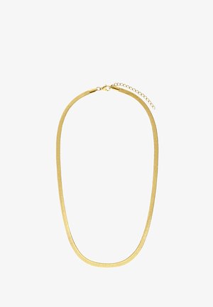 Gouden ketting met een glad, plat ontwerp; heeft een veilige sluiting en een verstelbare lengte met een kettingverlenging.