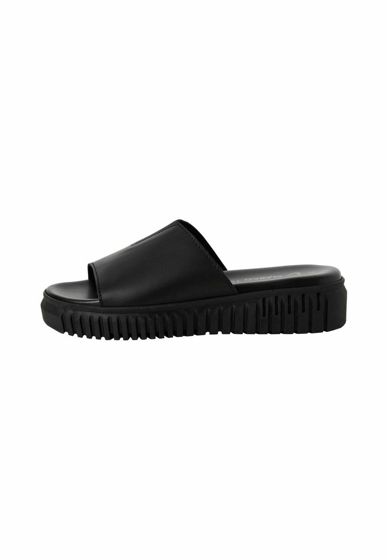 Pantofole nere con un upper sintetico liscio, design con punta aperta e una suola in gomma spessa e rigata per trazione e comfort.