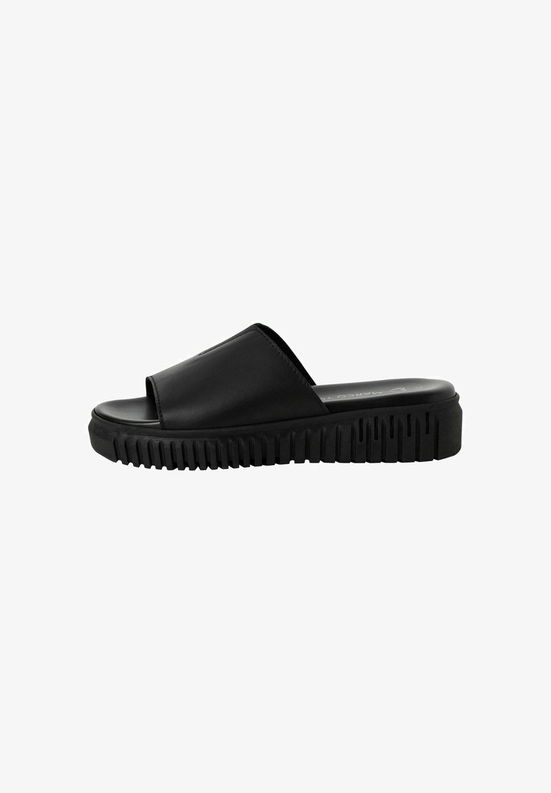 Claquettes noires avec un dessus en synthétique lisse, design à bout ouvert, et une semelle en caoutchouc épaisse et nervurée pour une traction et un confort accrus.