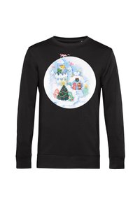 Felpa nera con un grafico circolare colorato di un paesaggio invernale, con un albero di Natale, personaggi e un castello sullo sfondo.
