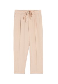 Licht beige broek van een gladde stof, met elastische tailleband, strikdetail aan de voorkant en taps toelopende benen met een omslagonderkant.