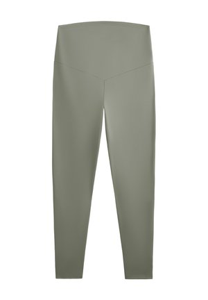 Olijfgroene leggings met een hoge, brede tailleband. Gemaakt van soepel, rekbaar materiaal. Ontworpen voor een aangesloten silhouet zonder opvallende naden.