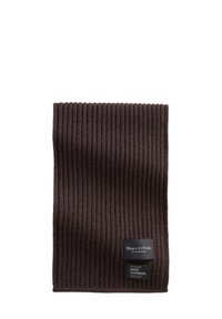 Donkerbruine geribbelde sjaal van kasjmier, met een merklabel "Marc O'Polo" en wasinstructies aan de onderrand.