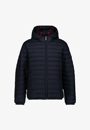 Navy blue padded jacket with hood, full front zipper, side pockets, and red lining inside the hood.