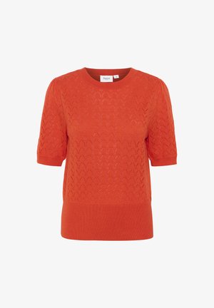 Pull en laine rouge à manches courtes, avec un motif en zigzag et un ourlet côtelé. L'étiquette sur le col indique la taille et le nom de la marque.