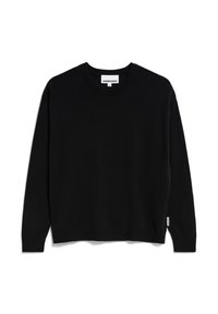 Pull noir en maille avec manches longues et encolure ras du cou. Dispose d'un ourlet et de poignets côtelés, fabriqué dans un tissu doux. Étiquette de marque sur la manche.