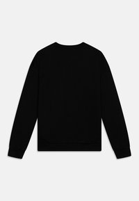 Black long-sleeve sweatshirt with ribbed cuffs and hem, displayed flat with the back facing up on a white background.