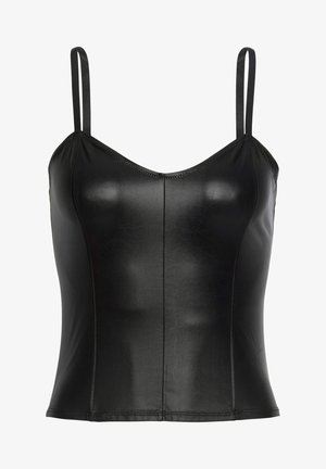 Camiseta de hebilla de cuero sintético negro con tirantes finos, escote en V y diseño ajustado. Textura suave con costuras visibles en la parte delantera y los lados.
