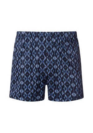 Męskie szorty kąpielowe w ciemnym granacie z geometrycznym wzorem w jasnym niebieskim. Elastyczny pas, pojedynczy guzik i lekki materiał.