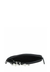 Black zippered pouch made of fabric, featuring a smooth texture and silver hardware accents, with a spacious interior and keyring attachments.