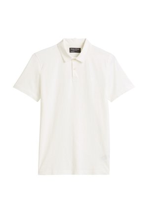 Short-sleeve, white polo shirt made of soft cotton. Features a classic collar, three-button placket, and a relaxed fit.