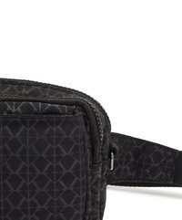 Black fabric bag with a geometric pattern, featuring a zippered closure and adjustable strap. Textured surface provides grip and durability.