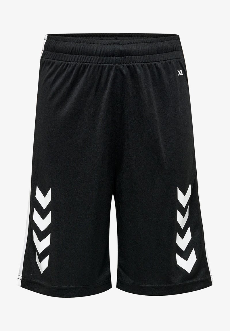 Pantalones cortos deportivos negros de tela ligera con patrones en forma de chevron blancos en los laterales. Cintura elástica para un ajuste seguro.