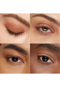 Gros plans sur quatre yeux avec un fard à paupières marron naturel et du mascara, montrant une diversité de teints de peau et de couleurs des yeux.