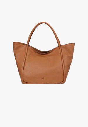 Brown leather tote bag with soft pebbled texture, large open top, and two elongated handles. Minimalist design with no visible hardware.