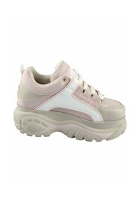 Chunky sneakers laget av rosa semsket skinn og hvitt skinn. Har en tykk beige såle og teksturerte detaljer på overdelene. Snøring.