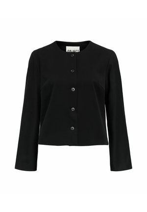 Chaqueta negra corta con mangas largas, cuello redondo y seis botones frontales. Tejido suave con un ajuste estructurado y un diseño minimalista.