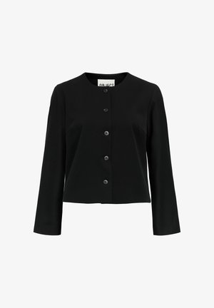 Veste noire courte avec des manches longues, un col rond et six boutons à l'avant. Tissu lisse avec une coupe structurée et un design minimaliste.