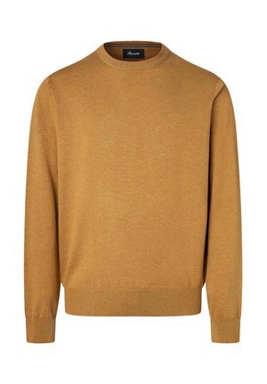 Suéter mostaza, cuello redondo, mangas largas, puños y dobladillo acanalados, textura suave, tejido de punto ligero, diseño simple sin patrones.