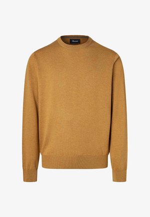Maglione giallo senape, collo rotondo, maniche lunghe, polsini e orlo a costine, texture morbida, tessuto knitted leggero, design semplice senza fantasie.