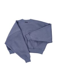 Sinine dressipluus pehmest kangast, millel on langevad õlad, ribatrepid mansettidel ja allääril ning väike must logo selja kaeluses.