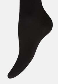 Calzino nero realizzato in tessuto liscio ed elastico. Presenta una punta arrotondata e un design aderente che si conforma alla forma del piede.