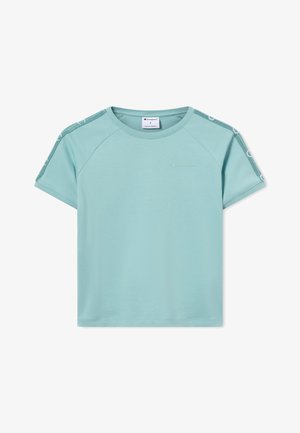 Jasnoniebieska krótka koszulka z okrągłym dekoltem i taśmą z logo na szwach ramion.