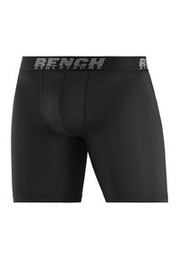 Black athletic boxer briefs with a soft waistband featuring "BENCH ATHLEISURE" logo in gray. Smooth texture and fitted design for comfort.