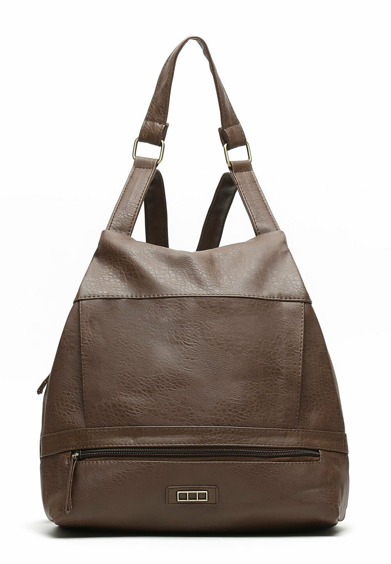 Rudos dirbtinės odos krepšys su tekstūruota paviršiumi, dideliu pagrindiniu skyriumi ir užtrauktuku uždaromu priekyje skyriumi. Yra reguliuojamos pavadėlių ir metaliniai akcentai.