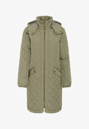 Svijetlozeleni izrezbareni dugi kaput s visokim ovratnikom, odvojivom kapom, prednjim zatvaračem i preklopnim džepovima na dugmad.