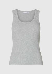 Débardeur côtelé gris avec un col rond et une conception sans manches, présentant une texture douce et une silhouette ajustée.