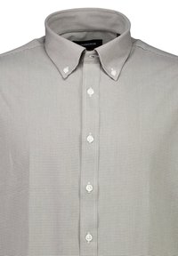 Overhemd met knopen in een grijs-wit ruitpatroon, met een gestructureerde kraag en witte knopen langs de voorste sluiting.