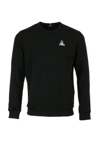 Felpa nera in cotone con maniche lunghe, scollatura rotonda, polsini a coste e un piccolo logo colorato sul petto.
