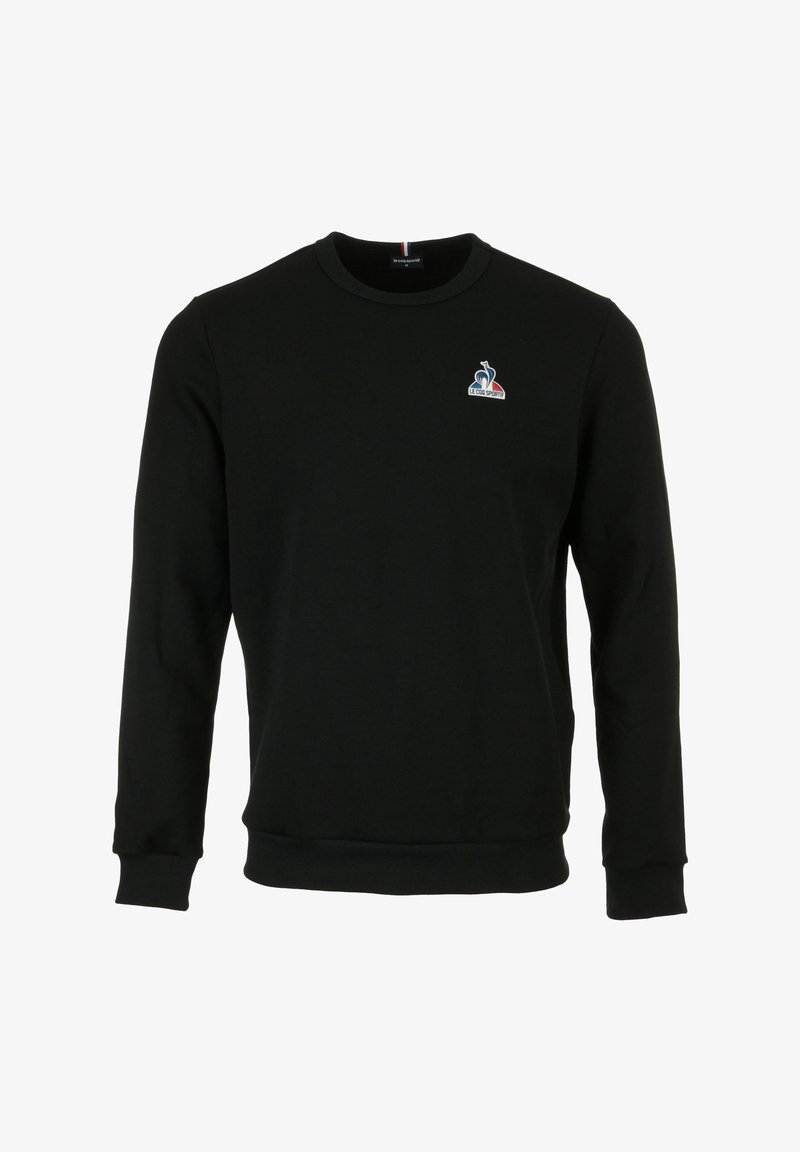 Felpa nera in cotone con maniche lunghe, scollatura rotonda, polsini a coste e un piccolo logo colorato sul petto.