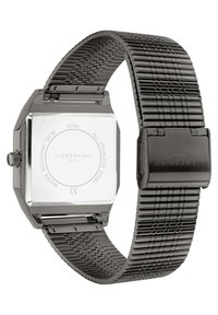 Orologio in acciaio inossidabile nero con quadrante quadrato e cinturino in rete. Presenta un retro liscio con la scritta "LIEBESKIND BERLIN" incisa. Resistente all'acqua fino a 3 ATM.