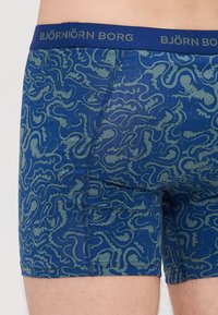 Blaue Boxershorts mit einem grünen Wirbelmuster. Der Bund ist blau mit kontrastierender Aufschrift "BJÖRN BORG". Glatte Stoffoberfläche.