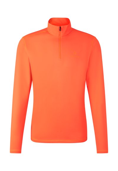 Pomarańczowa bluza z długim rękawem i półzamkowym kołnierzem. Wykonana z gładkiego, lekkiego materiału, z minimalnym logo na froncie.