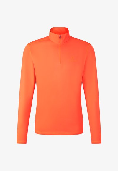 Orange long-sleeve pullover with a half-zip collar. Made of smooth, lightweight material, featuring minimal branding on the front.