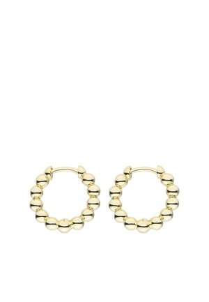 Gold hoop earrings composed of evenly spaced, polished spherical beads forming a circular shape with hinged clasps.