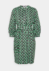 Svart och grönmönstrad klänning med långa puffärmar, hög halsringning, cinchad midja och knälång längd med cirkulära mönster.