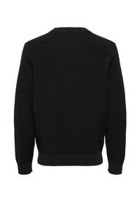 Black long-sleeve knit sweater with ribbed cuffs and hem, shown from the back against a white background.