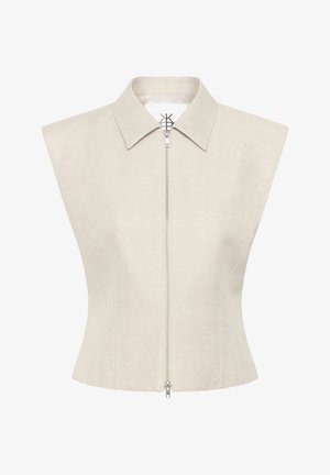 Beidzis bez piedurknēm tops ar smailu apkakli un priekšējo rāvējslēdzēju. Izgatavots no strukturēta materiāla ar piegriezumu un minimālistisku dizaina elementu.