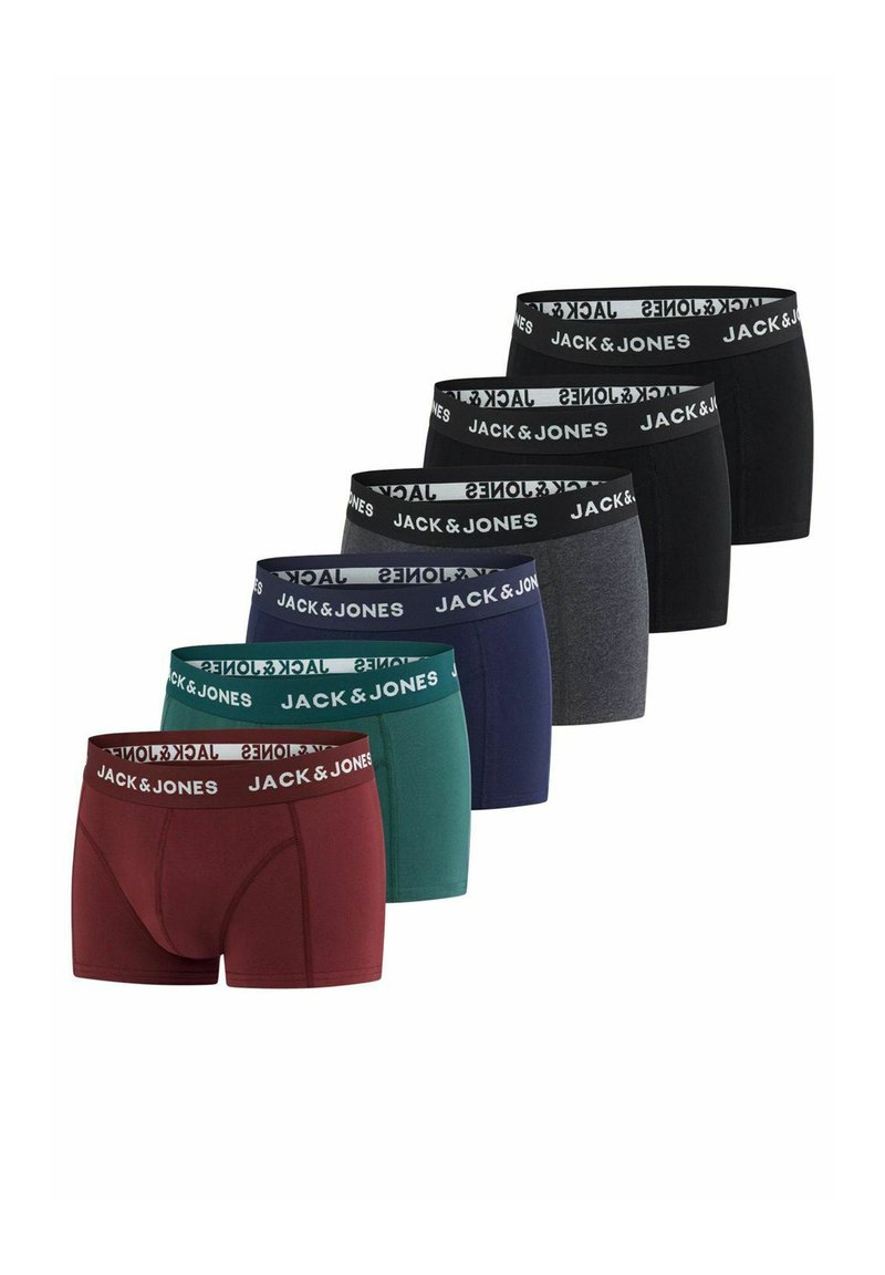 Six pairs of Jack & Jones men's boxer briefs in assorted colors: burgundy, teal, navy, black, gray. Each features a black branded waistband.