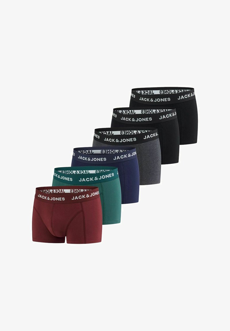 Six pairs of Jack & Jones men's boxer briefs in assorted colors: burgundy, teal, navy, black, gray. Each features a black branded waistband.