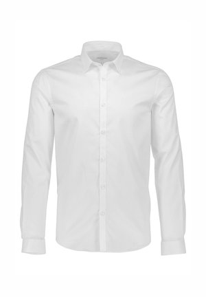 White long-sleeve button-up shirt made of cotton. Features a classic collar, a front button closure, and structured fit.