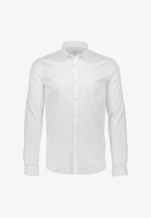 White long-sleeve button-up shirt made of cotton. Features a classic collar, a front button closure, and structured fit.