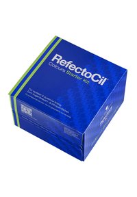 Boîte du kit de démarrage RefectoCil Colours, bleue avec des accents verts, présentant un motif texturé et un texte imprimé, incluant un code QR sur le côté.