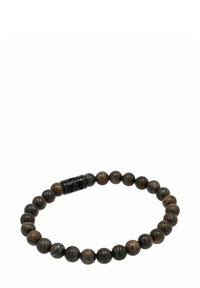 Brązowa bransoletka z koralików, składająca się z okrągłych drewnianych koralików, oddzielonych akcentem w czarno-białym wzorze, prezentująca gładką teksturę i naturalne wykończenie.